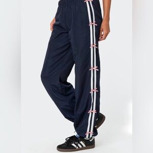 Edikted Navy Track Pants with Pink Bow Accents